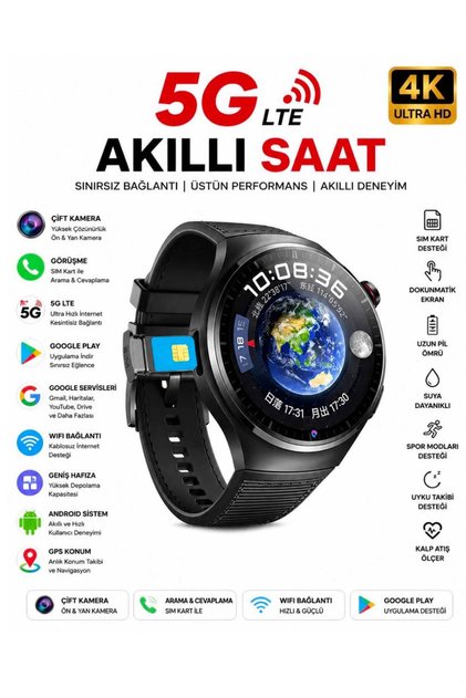 N61 SIM Kartlı Android Akıllı Saat AMOLED Ekran Çift Kamera GPS WiFi Google Play 64GB Akıllı Kol Saati