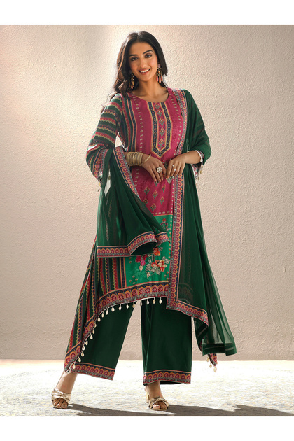Printed Muslin Straight Kurta, Palazzos And Dupatta Set