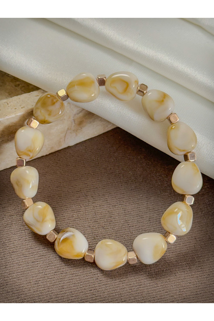 Minimal Chalcedony Natural Stone Balance Bracelet with Amorphous Rock Cut Gold Cube Apparatus