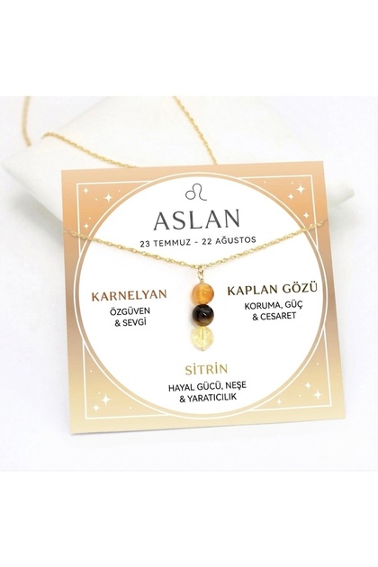 Aslan Burcu Doğal Taş Altın Kaplama Zincirli Kolye - Pirit, Kırmızı Jasper & Kan Taşı