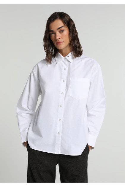 Boyfriend Fit Shirt Neck Plain Women's White Long Sleeve Shirt