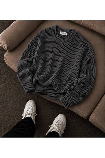 Men's Oversize Thessaloniki Knitted Sweater Crew Neck Basic Comfortable Fit Premium Soft Textured Daily Winter Sweater