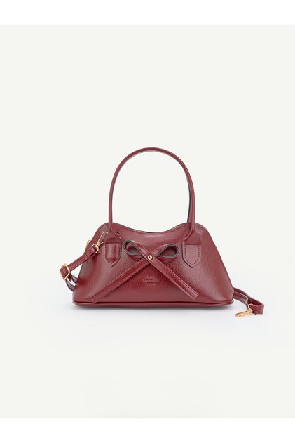 Burgundy Shk335 Women's Hand, Arm and Shoulder Bag with Bow Detail and Zipper and Long Strap