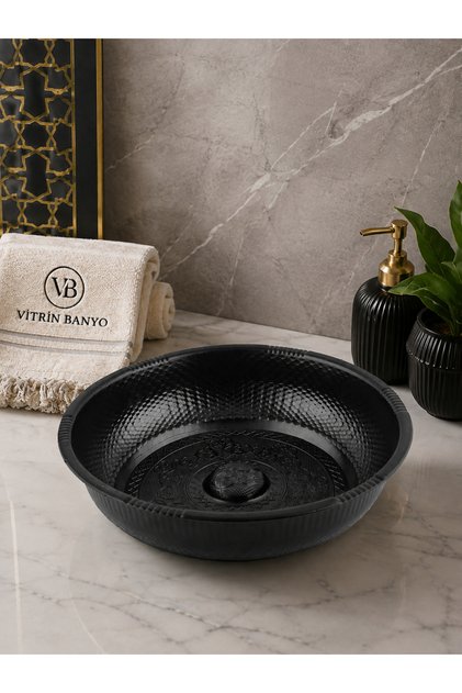 Black Embossed Patterned Ottoman Bath Bowl 20 cm Kurna Bowl Decorative Bathroom Accessory