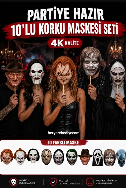 Korku Maskesi Seti - Çubuklu - Karton Maske – Cadılar Bayramı - Halloween Parti ve Şaka Maskesi 10 ADET