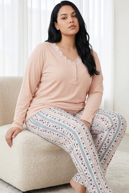 Salmon Patterned Buttoned Cotton Lycra Large Size Oversized Knitted Pajama Set26240917