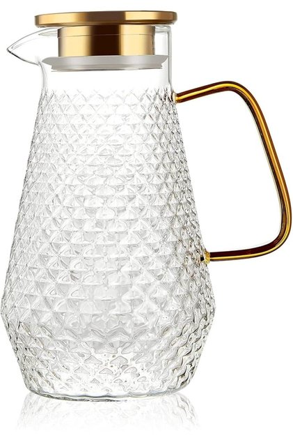 Glass Pitcher, 50oz/1.5 L Glass Water Jug, Modern Style Borosilicate Glass Jug with Metal Lid & Spou