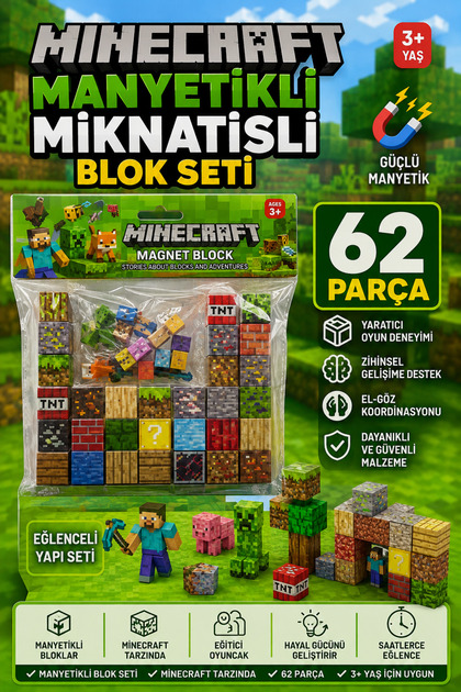 Minecraft Tarzı Manyetik Blok 62 Parça Mıknatıslı Yapı Seti Eğitici Zeka Oyunu 3+ Yaş