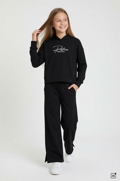 Black Girls' Embossed Sweatshirt with Snap Fasteners and Wide Leg 2-Piece Tracksuit Set 24762