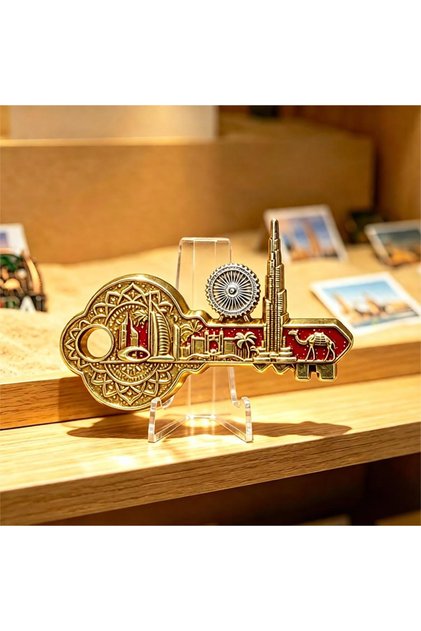 Creative metal key-shaped Dubai souvenir fridge decoration, featuring Burj Khalifa, Ferris wheel & camel. Ideal UAE travel gift for family & friends. Classic home kitchen ornament for holiday memory.