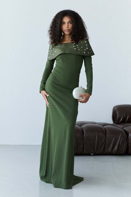 Khaki Madonna Collar Beaded Embroidered Long Sleeve Evening Dress