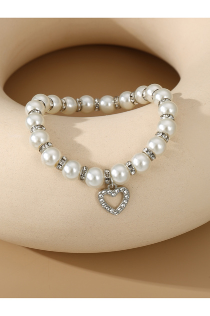 White Pearls and Rhinestone Embellished with Heart Charm Bracelet