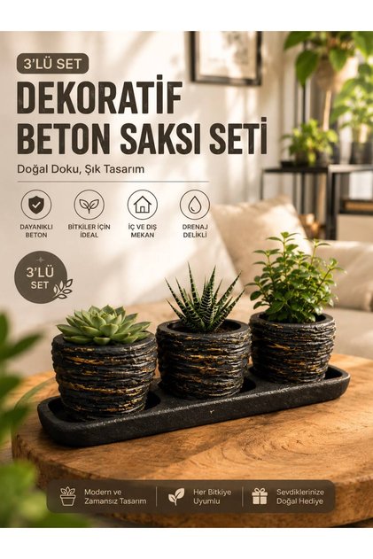 Küçük Boy Siyah Beton Saksı 3'lü Set 5,5 Cm Üretim Saksıları İçin Tabaklı