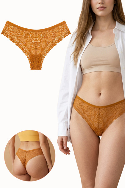 Women's Lace Front and Back Brazilian Panties Lycra Yellow Single