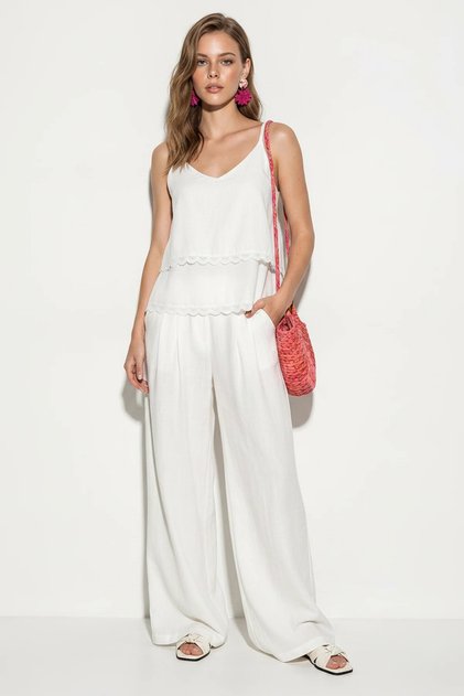 Women's Thin Strap Lace Detailed Blouse Elastic Waist Pocket Detailed Trousers Linen White Set