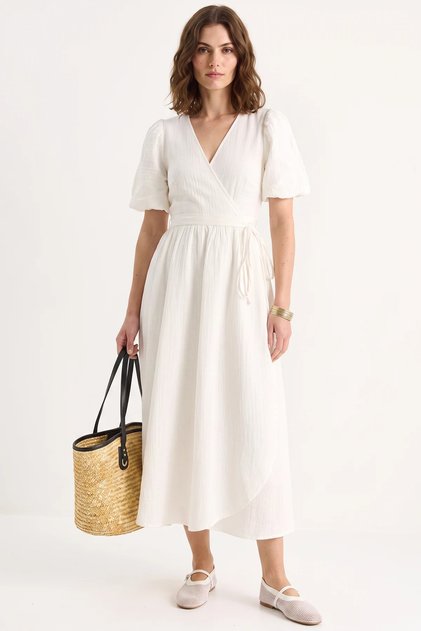 Women's Double-Breasted Balloon Sleeve Long Muslin Ecru Dress