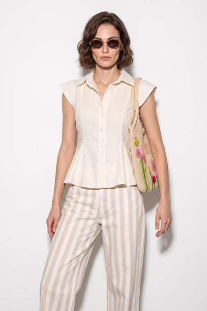 Women's Waist-Slit Flounce Cut Linen Textured White Shirt