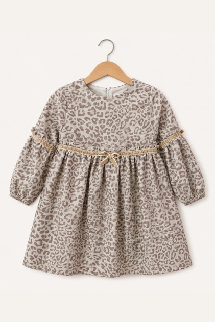 Girl's Leopard Patterned Dress with Ribbon Detail
