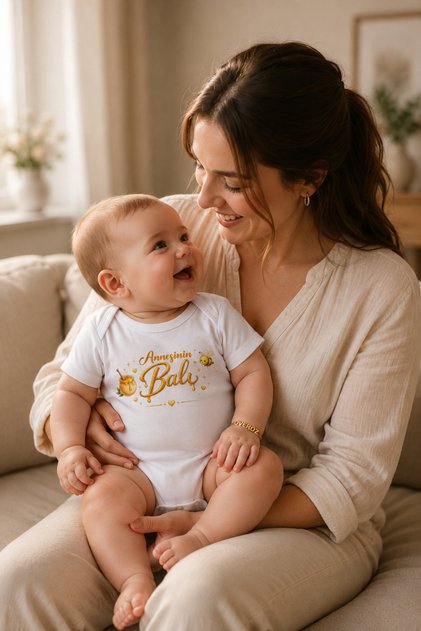 Annesinin Balı Baskılı Beyaz Kısa Kollu Bebek Body Zıbın Kız Erkek Bebek Çıtçıtlı Badi Tulum 5241-2