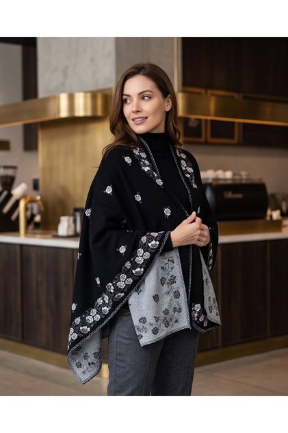 Șal de umăr pentru femei cu model de trandafiri, șal tricotat, șal tip pelerină, poncho