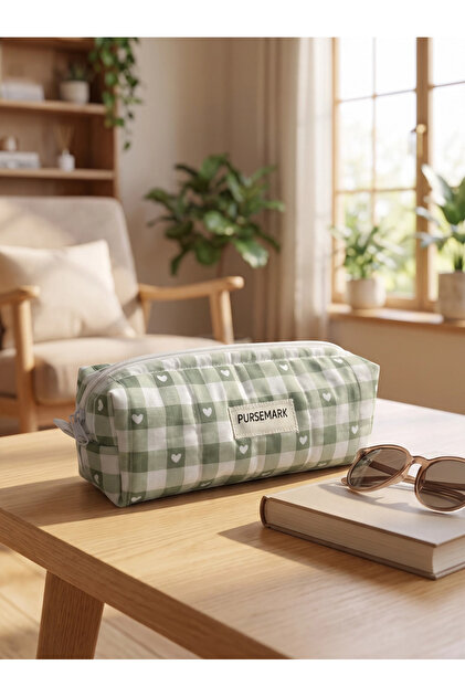 Green Heart Gingham Patterned Large Zippered Pen Holder – Multi-Purpose Fabric Pencil Case