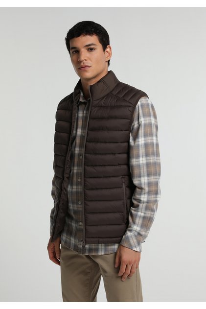 Slim Fit Stand Collar Zippered Lined Men's Brown Vest