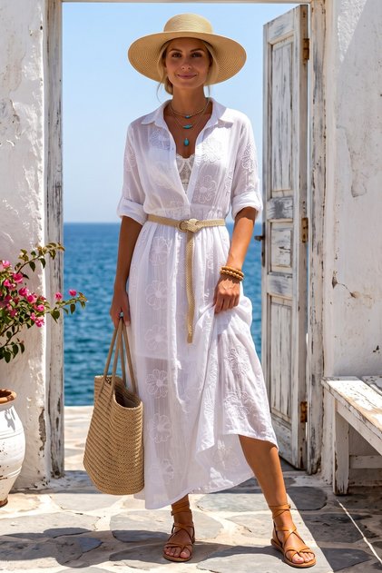 Italian White Shirt Collar Lined Skirt Ruffle Belted Embroidered Silk Long Woven Dress 123 56