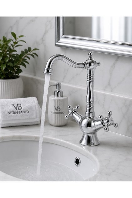 Chrome Swan Sink Faucet Classic Cross Handle High Spout Retro Ottoman Model Chrome Color Faucet