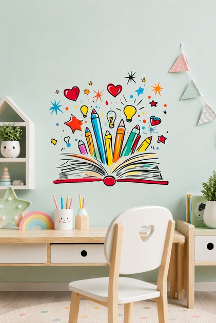 ملصق جداري ملون للكتب والأقلام، ملصق جداري تعليمي إبداعي مع قلوب ونجوم ومصابيح لتزيين غرف النوم وغرف الدراسة والفصول الدراسية وزوايا القراءة