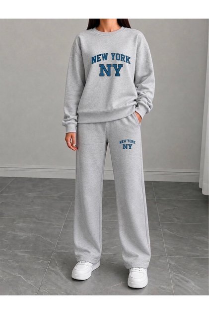 New York Ny Printed Women's Cropped Crewneck Bottom/Upper Track Suit Set