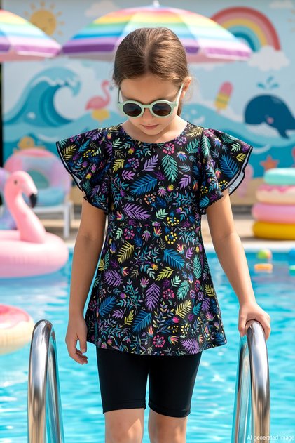 Flounce Detail on the Sleeves, Top and Bottom Two-Piece Girl's Swimsuit 1171-249 Black