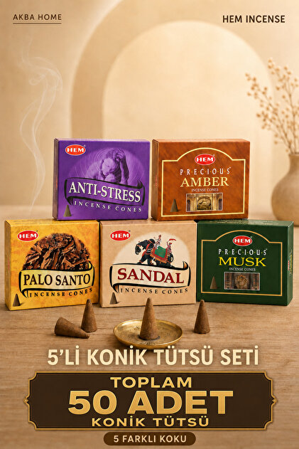 Orijinal 50 Adet Konik Tütsü Seti 5 Farklı Koku Amber Palo Santo Sandal Musk Anti Stress