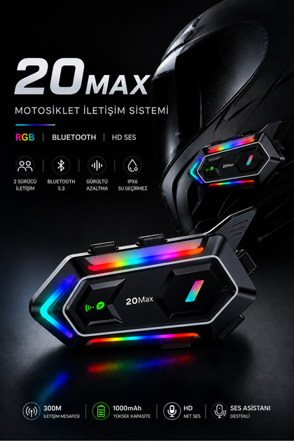 20 Max Upgrade Intercom RGB LED Işıklı Telsiz Özellikli Motosiklet Kask Kulaklığı İnterkom HD Ses Sesli Asistan Intercom