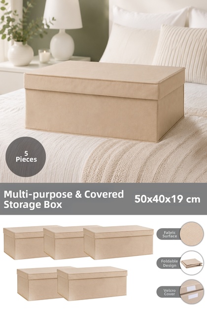 5-Piece Organizer Storage Box Set - Multi-Purpose Storage Box with Lid 50X40X19Cm Beige