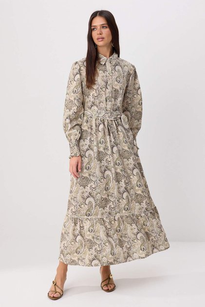 Light Khaki Silky Fabric Sleeve End Gipeli Shawl Pattern Maxi Belted Woven Hijab Dress Tctss26Eb00160