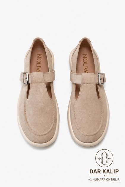 Beige Suede Buckled Women's Ballet Flats Comfortable Sole Casual Mary Janes Women's Shoes
