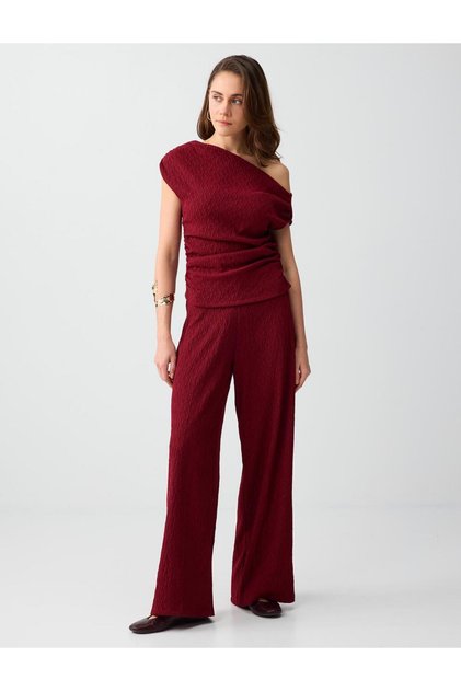 Burgundy Elastic Waist Regular Leg Regular Waist Knitted Trousers