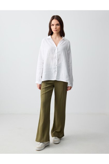 Khaki Wide Leg High Waist Linen Blend Trousers