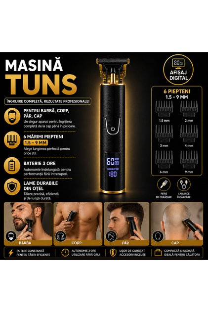 Masina Profesionala de Tuns Barba Si Contur, Fara Fir, Marimi Reglabile, Lama Inox, Negru