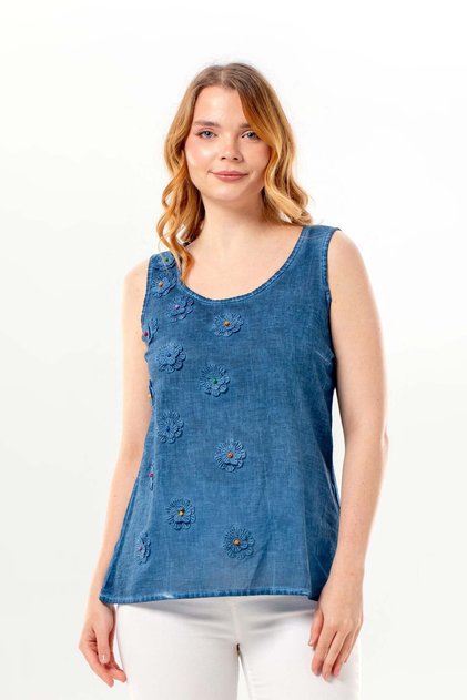 Sleeveless Devin Daisy Patterned Summer Poplin Blouse Indigo Indg
