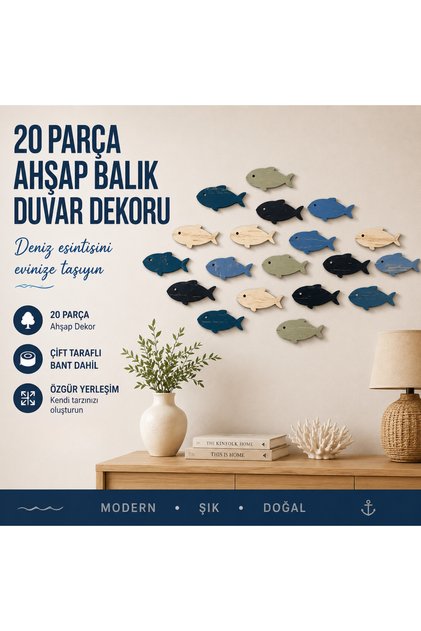 20 Parça Ahşap Balık Duvar Süsü Seti – Renkli Modern Deniz Temalı Dekoratif Aksesuar