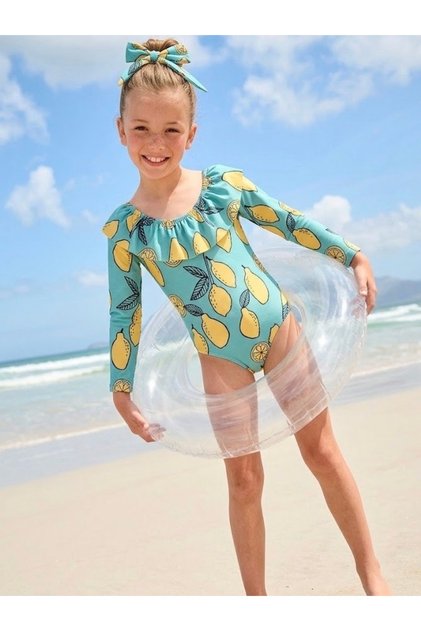 Uv Protection Kids Swimwear - Ruffled Long Sleeve Buckle Sun Protection Kids Swimwear_Rg1597