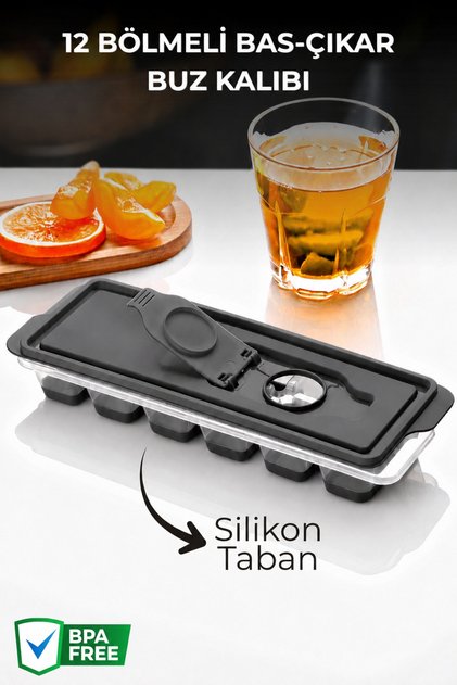 12-Compartment Push-And-Pull Ice Mold - Ice Box with Lid and Silicone Base Anthracite