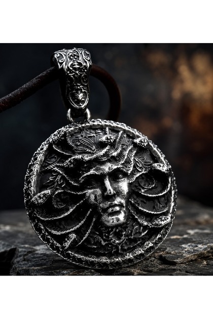 Double Sided Use Antique Color Stainless Steel Snake Detailed Medusa Necklace / 70 Cm Chain