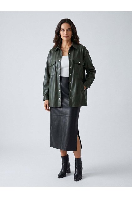 Women's Green Oversized Fleece-Lined Faux Leather Shirt Jacket – Metal Snaps, All Seasons