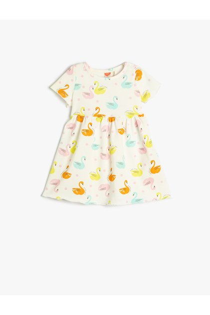 Dress Short Sleeve Crew Neck Cotton Swan Printed