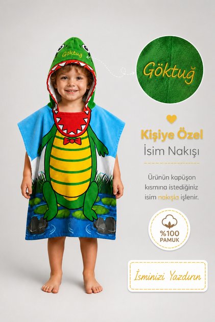 Timsah - İsimli Çocuk Kapşonlu Panço Havlu – Deniz, Havuz ve Banyo Bornoz Pançosu 2-8 Yaş