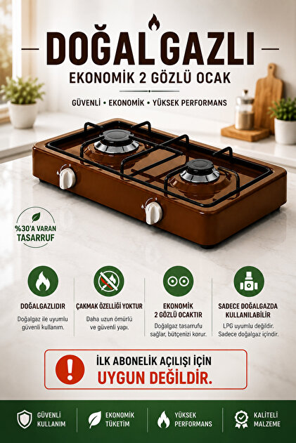 2 GÖZLÜ DOĞALGAZLI SET ÜSTÜ EKONOMİK DOĞALGAZLI OCAK KAHVERENGİ