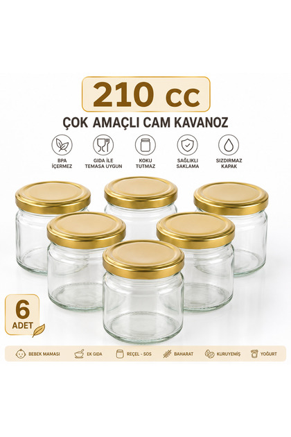 6-Piece Premium Gold Lids Glass Food and Supplement Jar Set 210 Cc | Multi-Purpose Storage Container