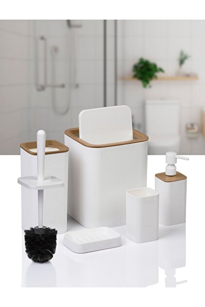 Okyanus Home Mina Due Beyaz Çizgili Kare 5'li Banyo Seti - Fiyatı